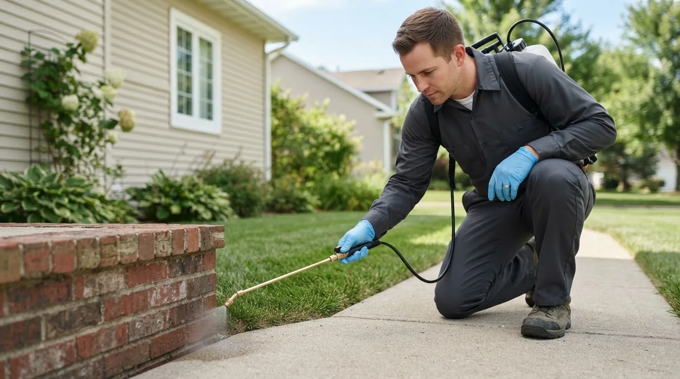 Pest control technician treating a home near Stone Lake, WI