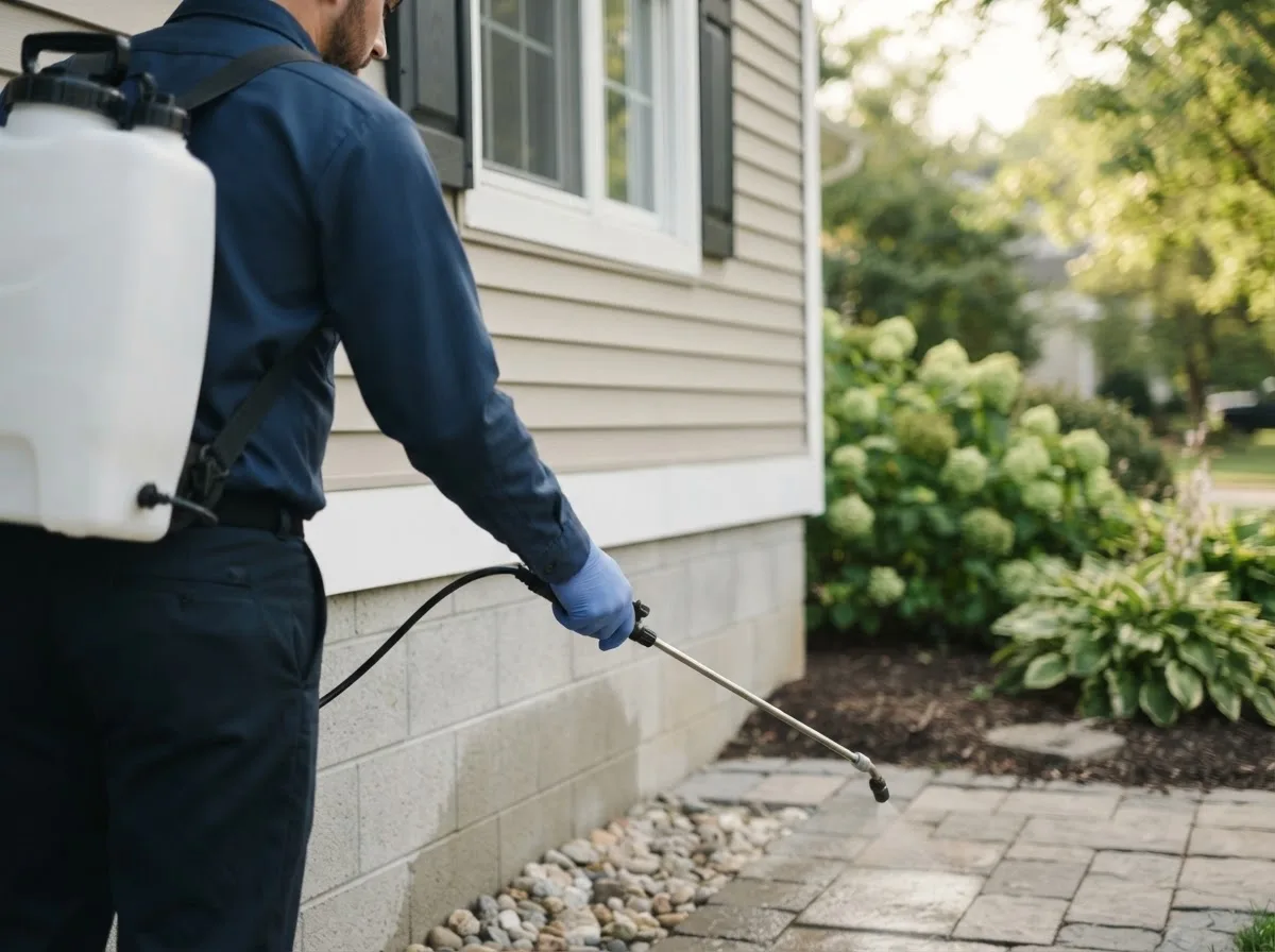 Pest control technician inspecting a home in Stone Lake, WI